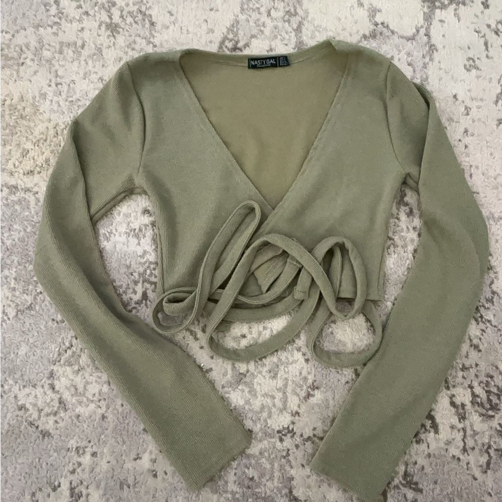 nasty gal green ribbed tie long sleeve top size us 4